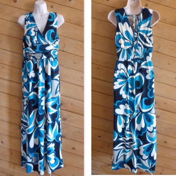 jonathan martin Dresses & Skirts - Jonathan Martin Blue Floral Maxi Long Sleeveless Jersey Dress V-neck
